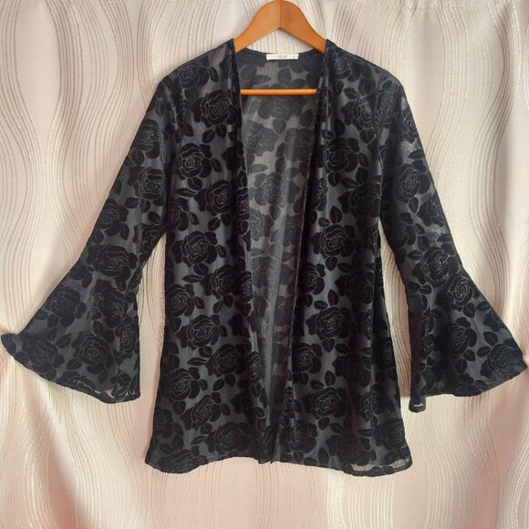 Le Lis Tops - Black Velvet Burnout Kimono S New Roses Floral Bell Sleeves Goth Romantic Le Lis